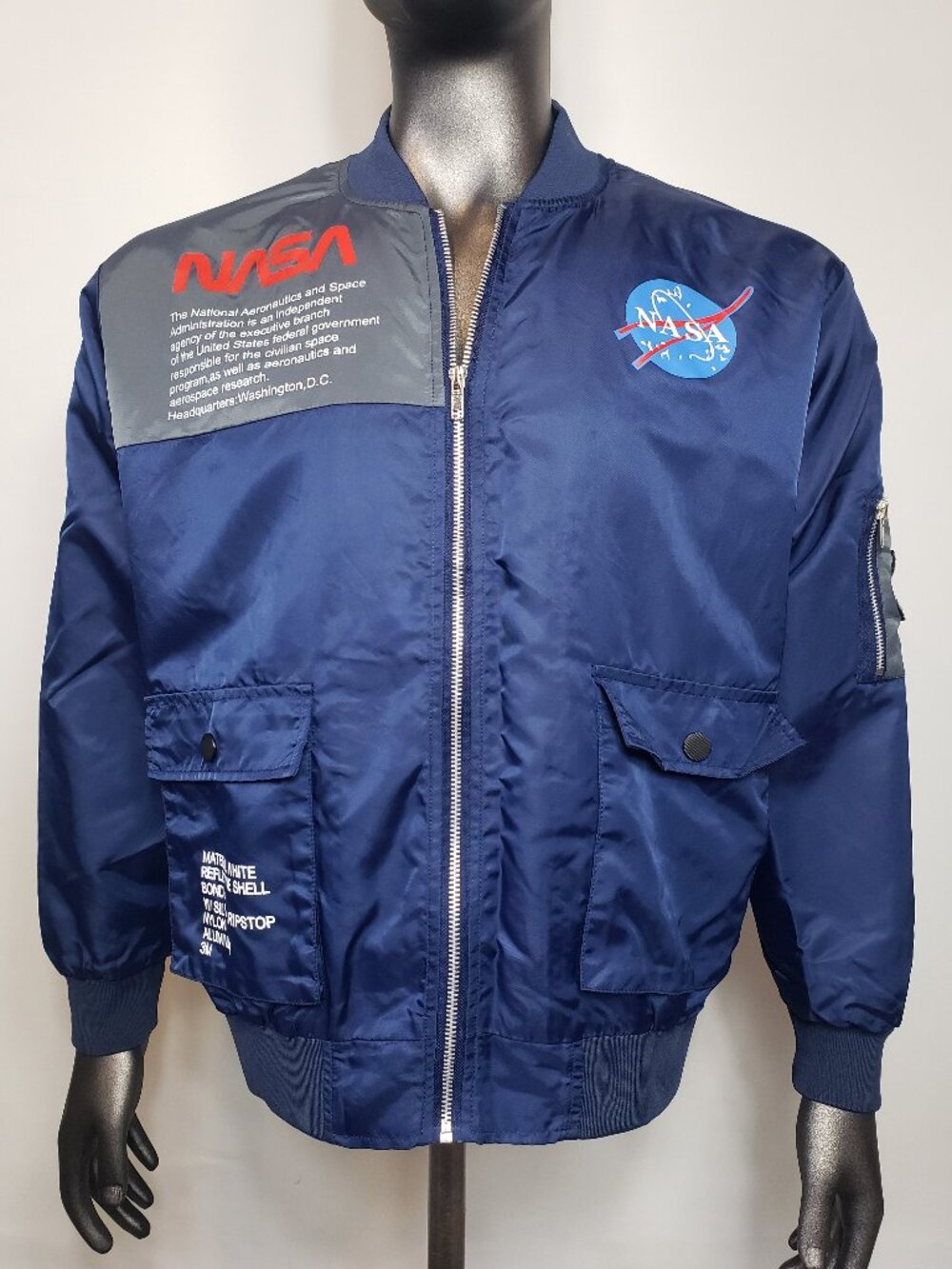 NASA Print Mens Small Blue Zip Up Bomber Jacket Polyester Lightweight Shell